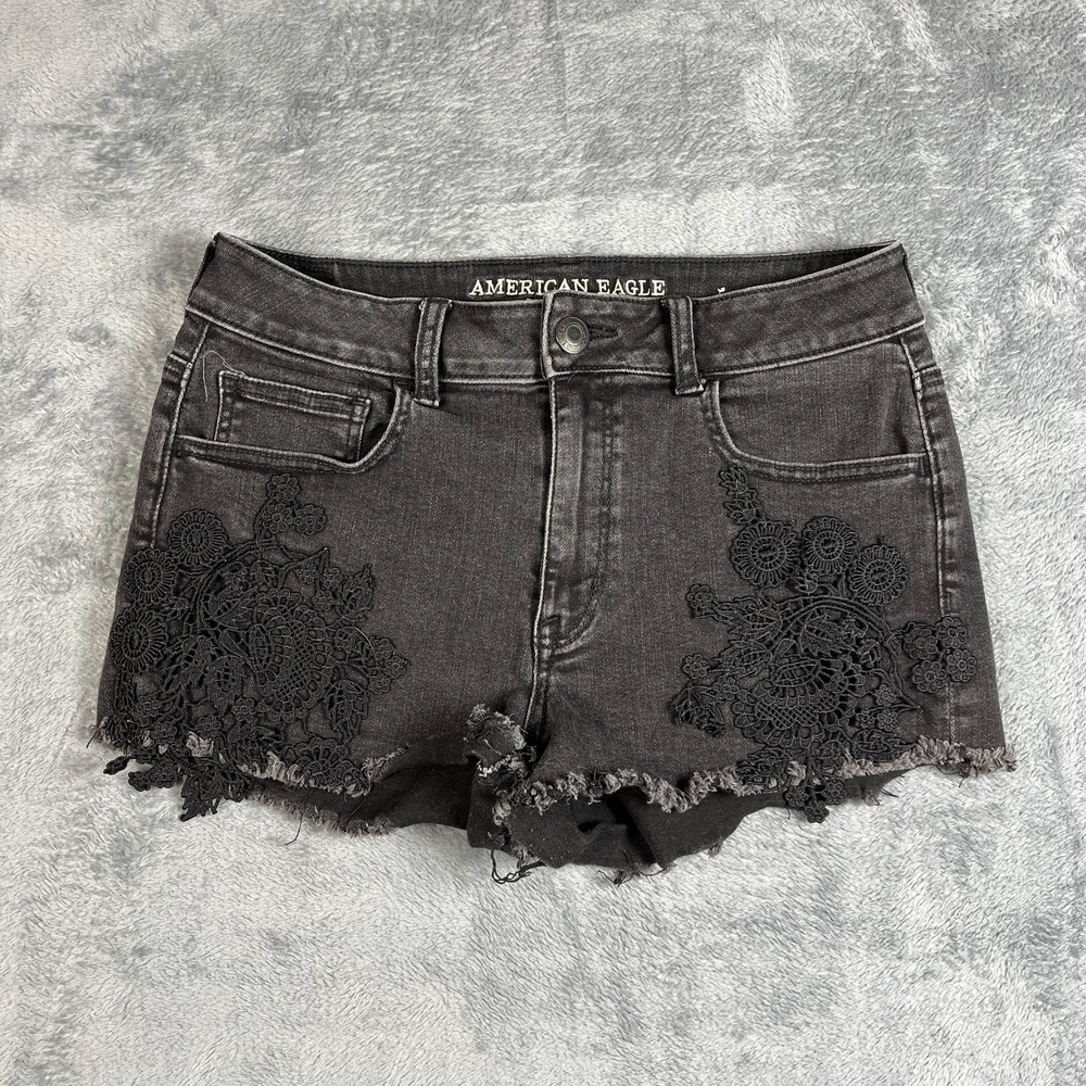 American Eagle High Rise Cut Off Shortie Womens 10 Gray Denim Floral Lace Shorts